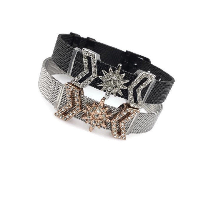 Stainless Steel Mesh Adjustable Wristband Bracelet 10mm North Star Invert V Slide Charm - You Pick