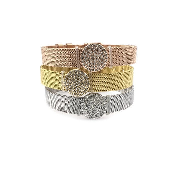Stainless Steel Mesh Adjustable Wristband Bracelet 10mm with Rhinestones Disc Slide Charm - You Pick