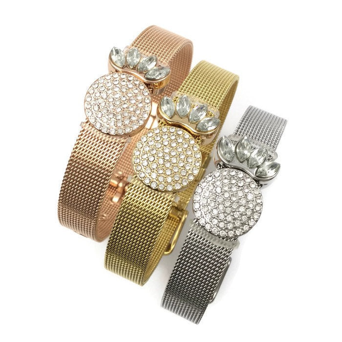 Stainless Steel Mesh Adjustable Wristband Bracelet 10mm with Rhinestosnes Pineapple Slide Charms - You Pick