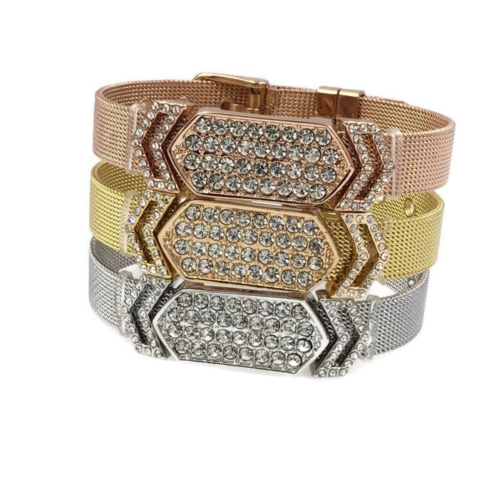 Stainless Steel Mesh Adjustable Wristband Bracelet 10mm Hexagon Bar Invert V Slide Charm - You Pick