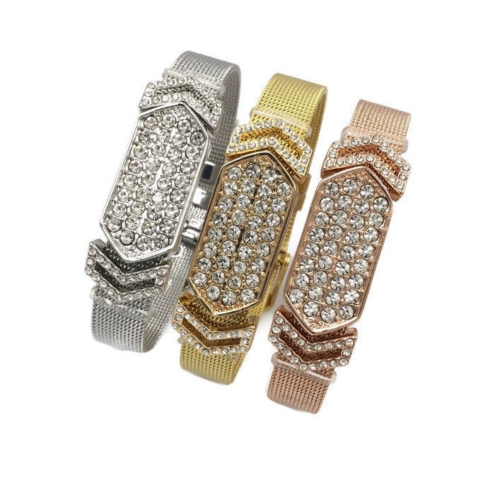 Stainless Steel Mesh Adjustable Wristband Bracelet 10mm Hexagon Bar Invert V Slide Charm - You Pick