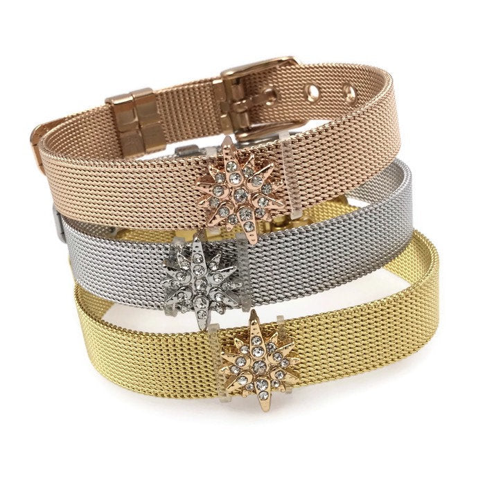 Stainless Steel Mesh Adjustable Wristband Bracelet 10mm with Rhinestone North Star Slide Charms - You Pick