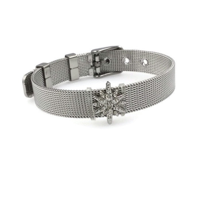 Stainless Steel Mesh Adjustable Wristband Bracelet 10mm with Rhinestone North Star Slide Charms - You Pick