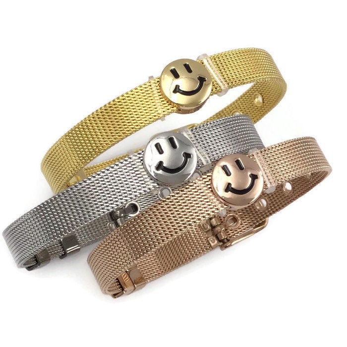 Stainless Steel Mesh Adjustable Wristband Bracelet 8mm with Smiley Face Slide Charm - You Pick