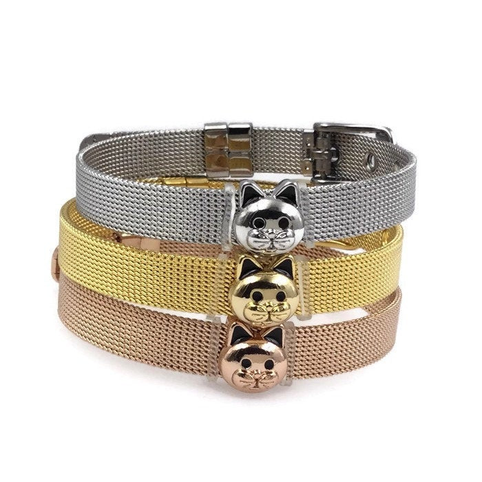 Stainless Steel Mesh Adjustable Wristband Bracelet 8mm with Cute Cat Face Slide Charm - You Pick
