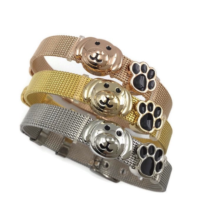 Stainless Steel Mesh Adjustable Wristband Bracelet 8mm with Cute Doggie paw Slide Charms - You Pick