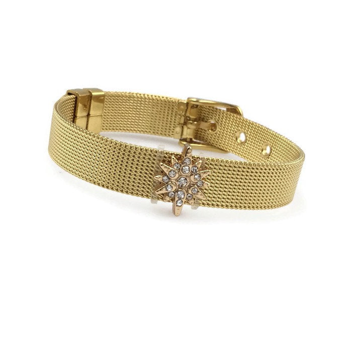 Stainless Steel Mesh Adjustable Wristband Bracelet 10mm with Rhinestone North Star Slide Charms - You Pick