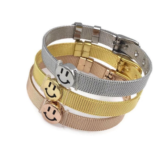 Stainless Steel Mesh Adjustable Wristband Bracelet 8mm with Smiley Face Slide Charm - You Pick