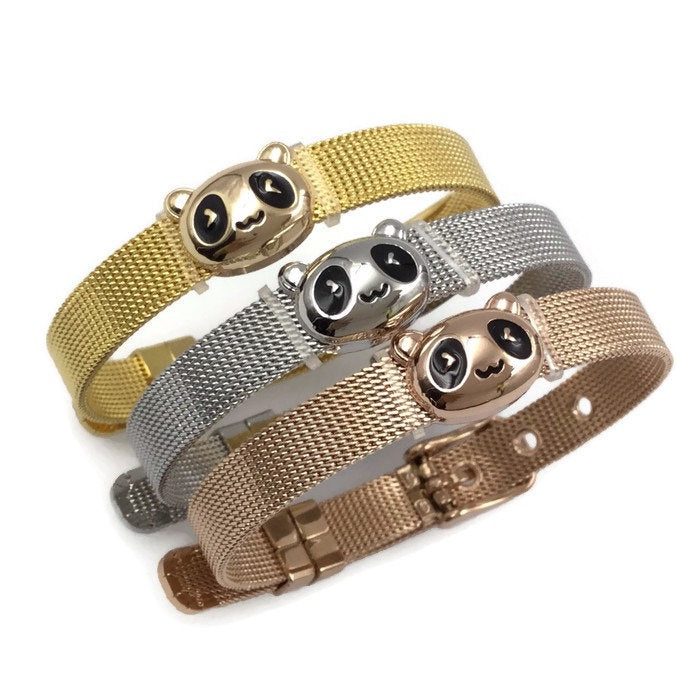 Stainless Steel Mesh Adjustable Wristband Bracelet 8mm with Cute Panda Face Slide Charm - You Pick