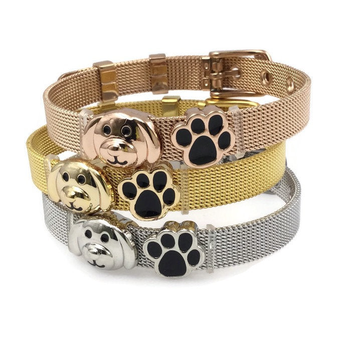 Stainless Steel Mesh Adjustable Wristband Bracelet 8mm with Cute Doggie paw Slide Charms - You Pick