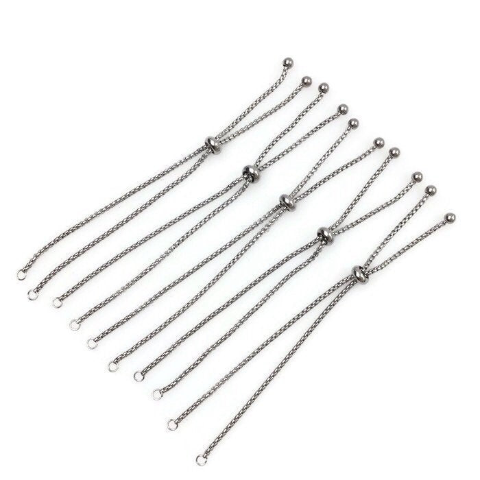 Bulk Adult Size Stainless Steel Bolo Bracelet Adjustable 1.8mm Round Box Chain Slider Clasp Semi Finished Ball End