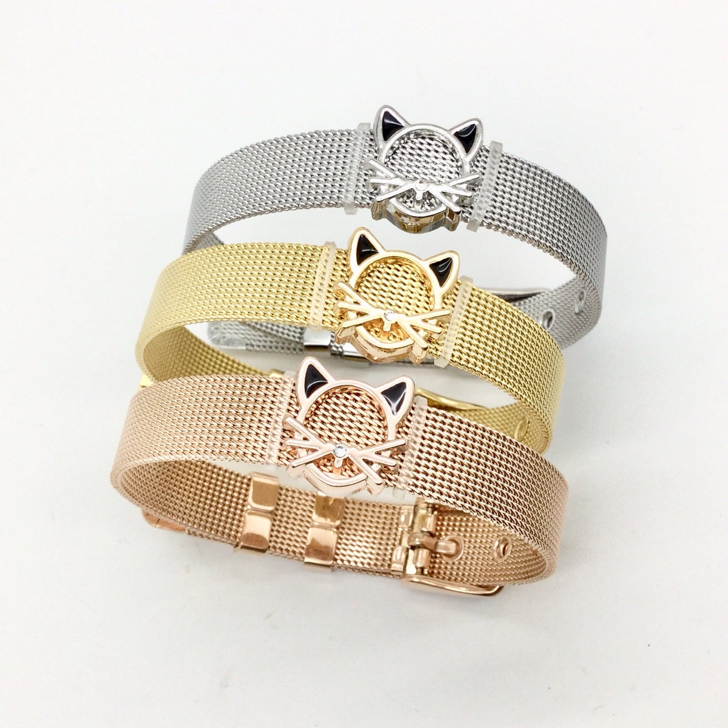 Stainless Steel Mesh Adjustable Wristband Bracelet 10mm with Filigree Cat Outline Slide Charms - You Pick