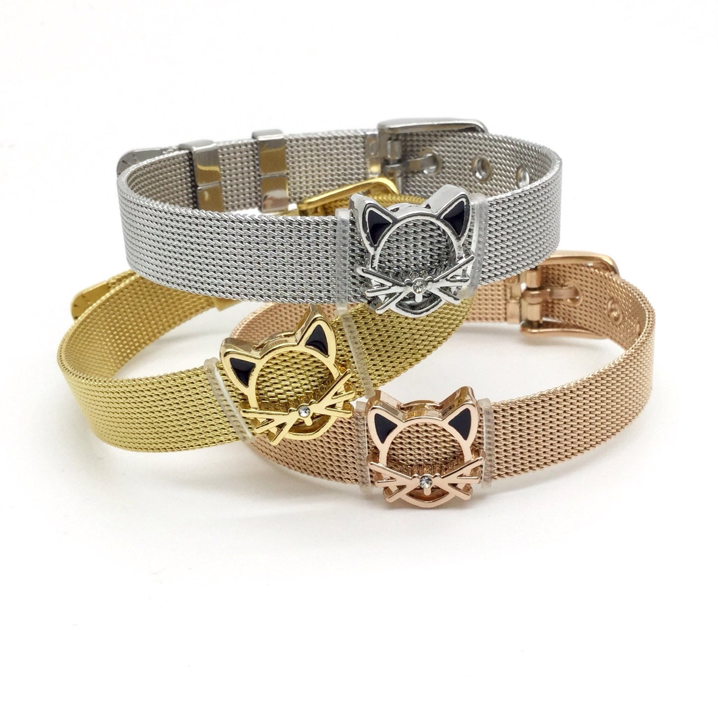 Stainless Steel Mesh Adjustable Wristband Bracelet 10mm with Filigree Cat Outline Slide Charms - You Pick