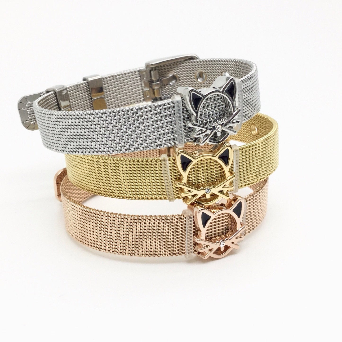 Stainless Steel Mesh Adjustable Wristband Bracelet 10mm with Filigree Cat Outline Slide Charms - You Pick