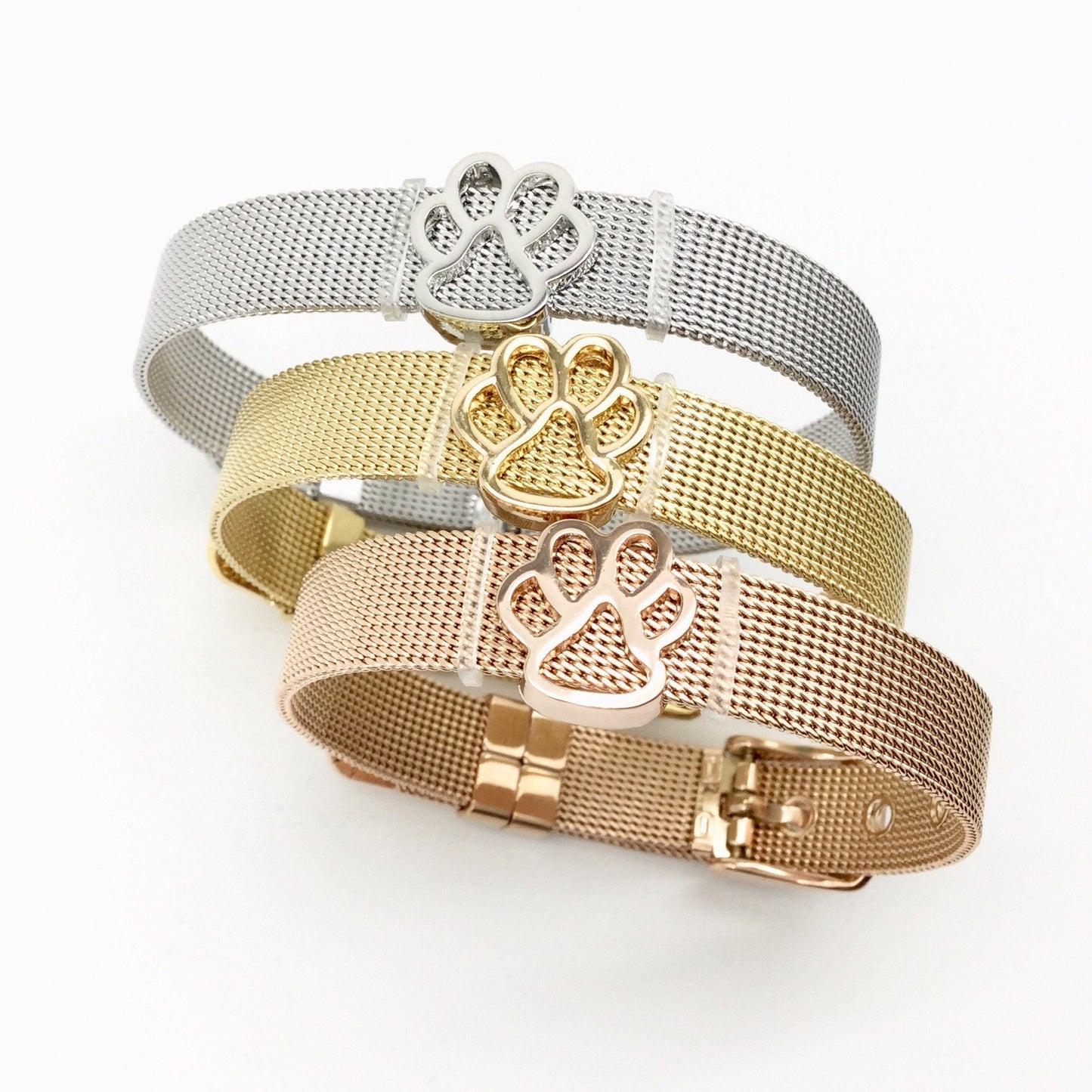Stainless Steel Mesh Adjustable Wristband Bracelet 10mm with Filigree Paw Outline Slide Charms - You Pick