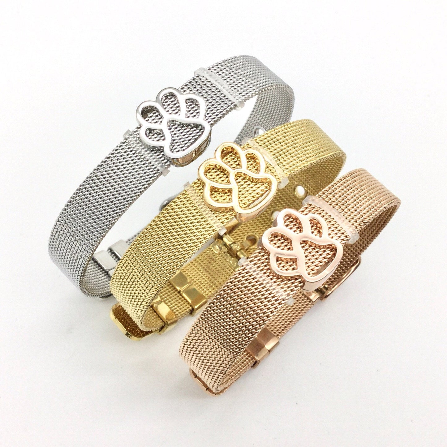 Stainless Steel Mesh Adjustable Wristband Bracelet 10mm with Filigree Paw Outline Slide Charms - You Pick