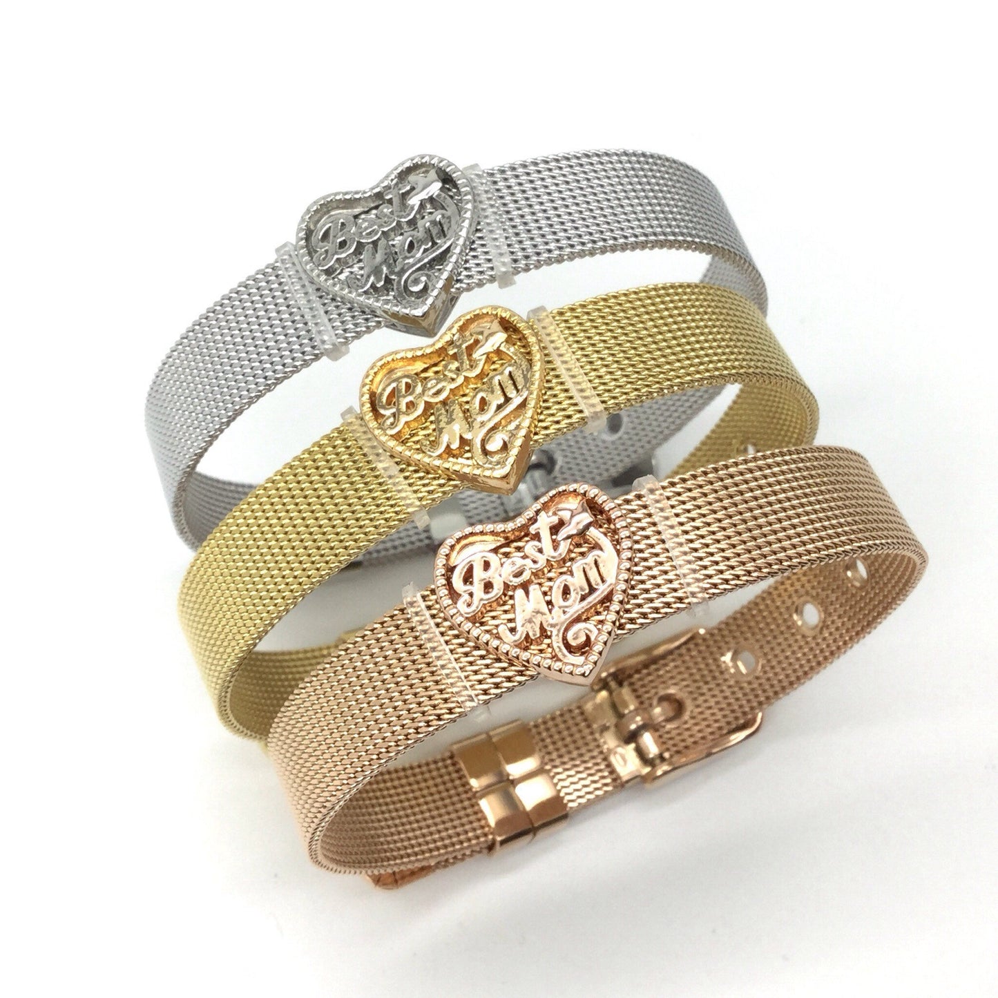 Stainless Steel Mesh Adjustable Wristband Bracelet 10mm with Filigree Best Mom Heart Slide Charms - You Pick