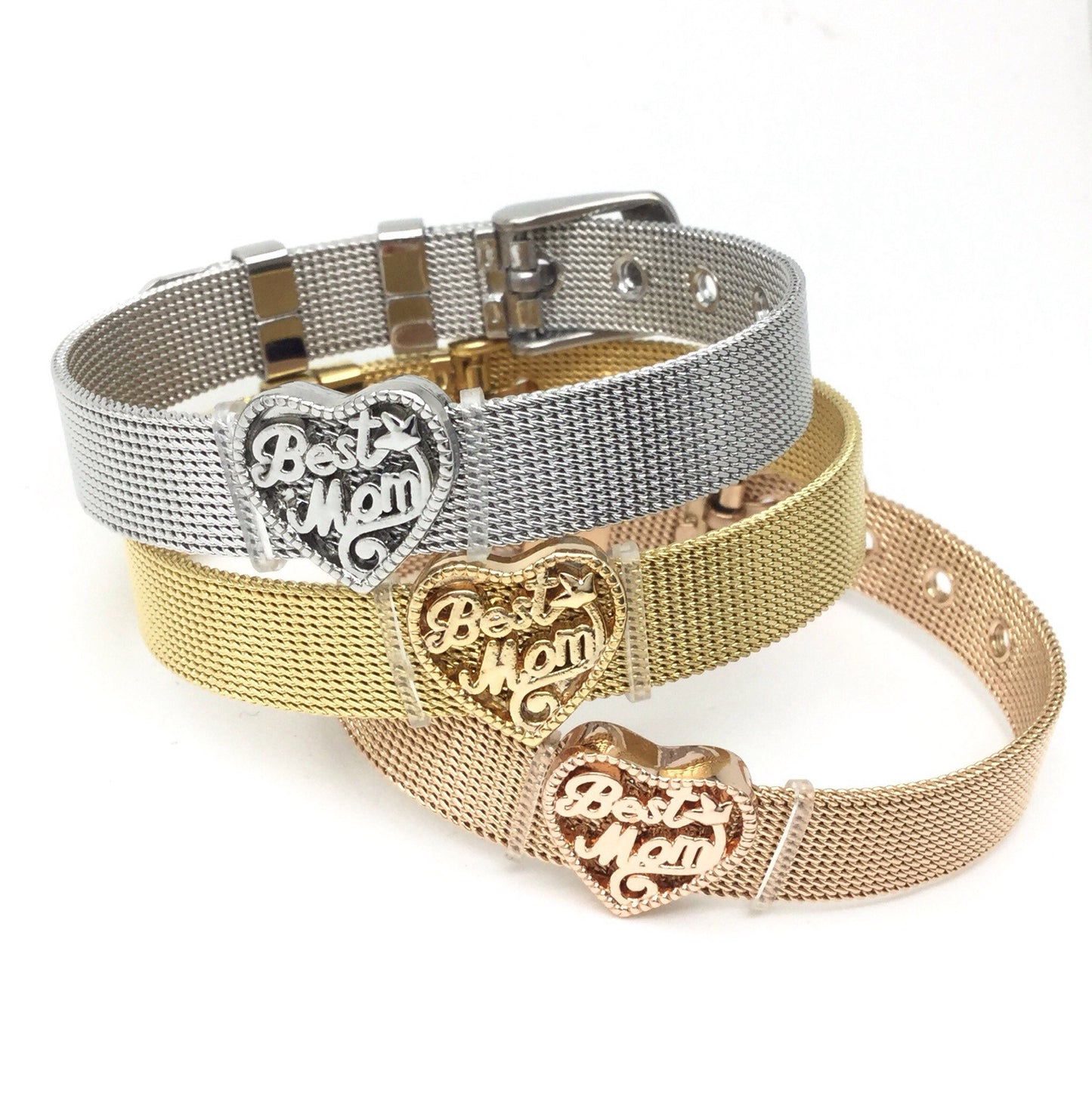 Stainless Steel Mesh Adjustable Wristband Bracelet 10mm with Filigree Best Mom Heart Slide Charms - You Pick