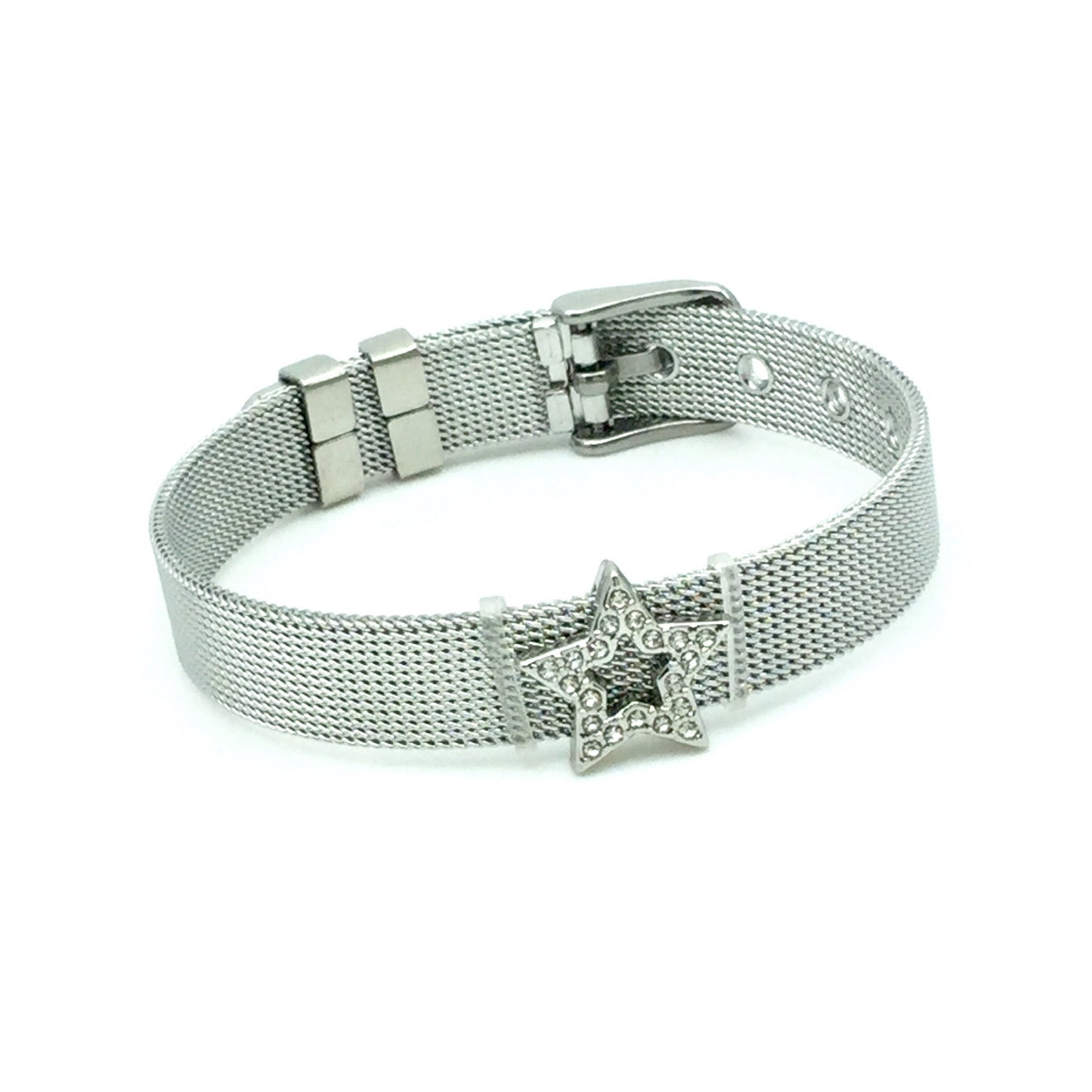 Stainless Steel Mesh Adjustable Wristband Bracelet 10mm with Rhinestone Star Ring Slide Charms - You Pick