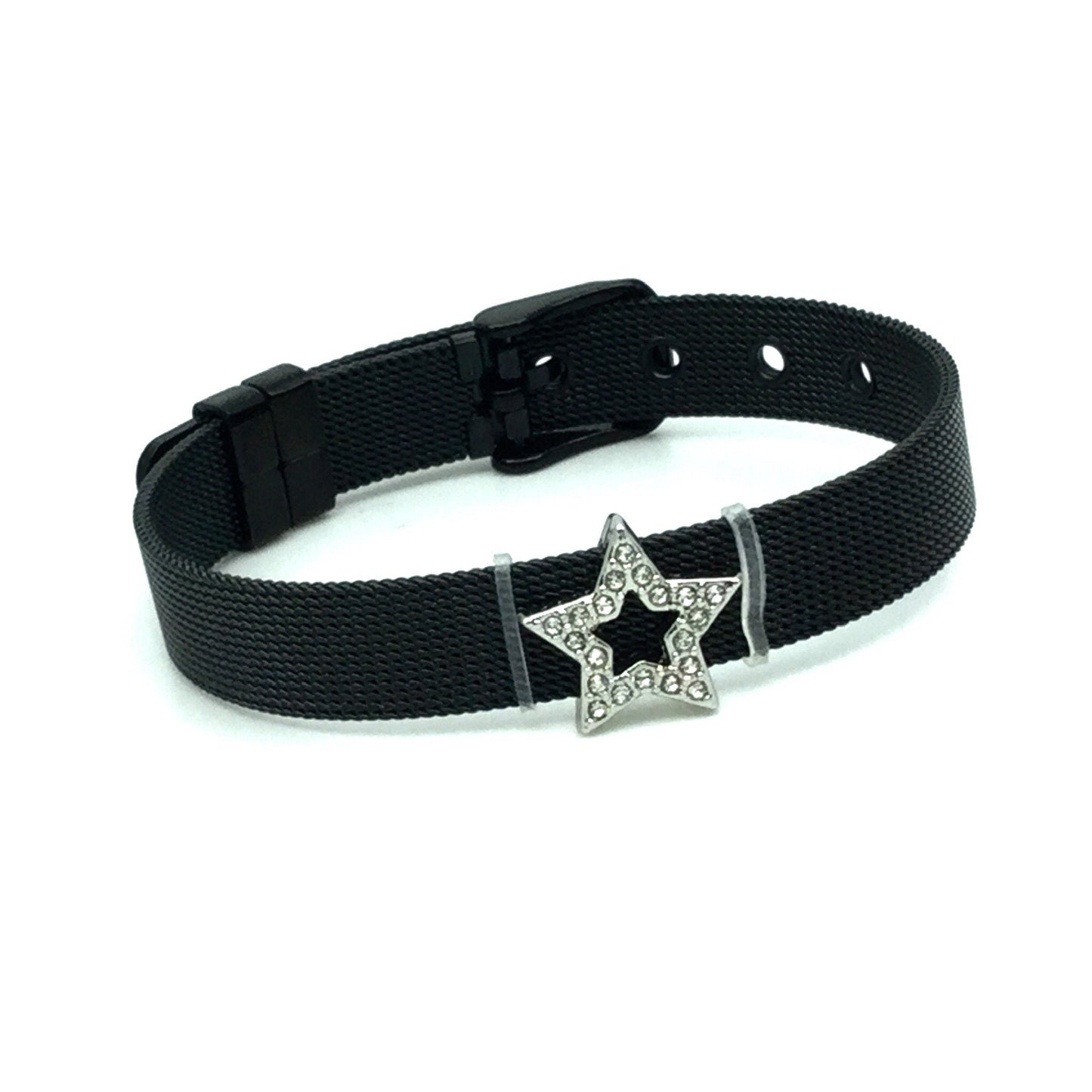 Stainless Steel Mesh Adjustable Wristband Bracelet 10mm with Rhinestone Star Ring Slide Charms - You Pick