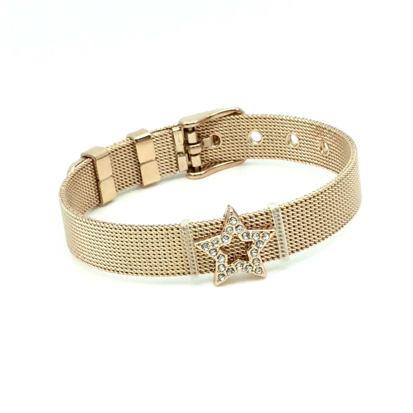 Stainless Steel Mesh Adjustable Wristband Bracelet 10mm with Rhinestone Star Ring Slide Charms - You Pick