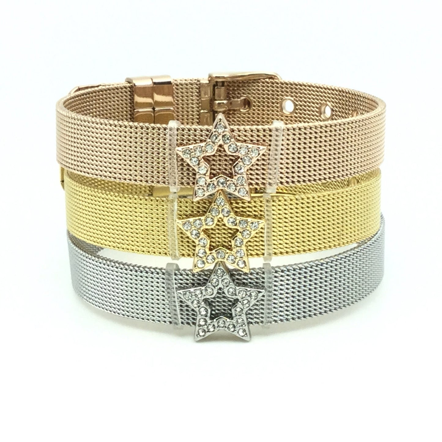 Stainless Steel Mesh Adjustable Wristband Bracelet 10mm with Rhinestone Star Ring Slide Charms - You Pick