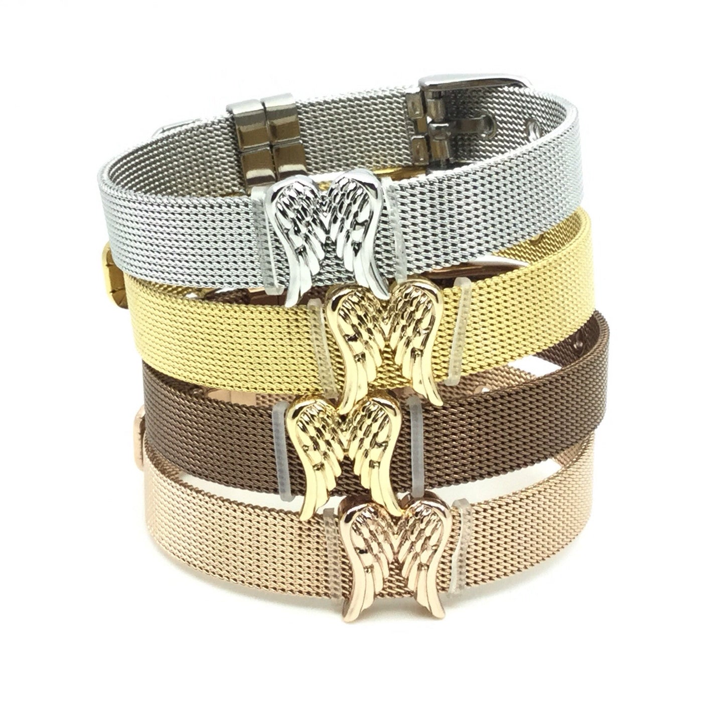Stainless Steel Mesh Adjustable Wristband Bracelet 10mm with Angel Wing Slide Charms - You Pick