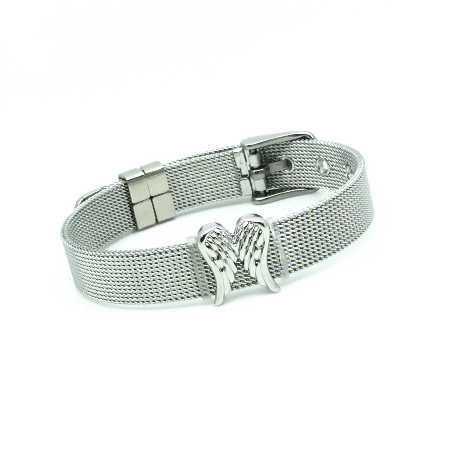 Stainless Steel Mesh Adjustable Wristband Bracelet 10mm with Angel Wing Slide Charms - You Pick