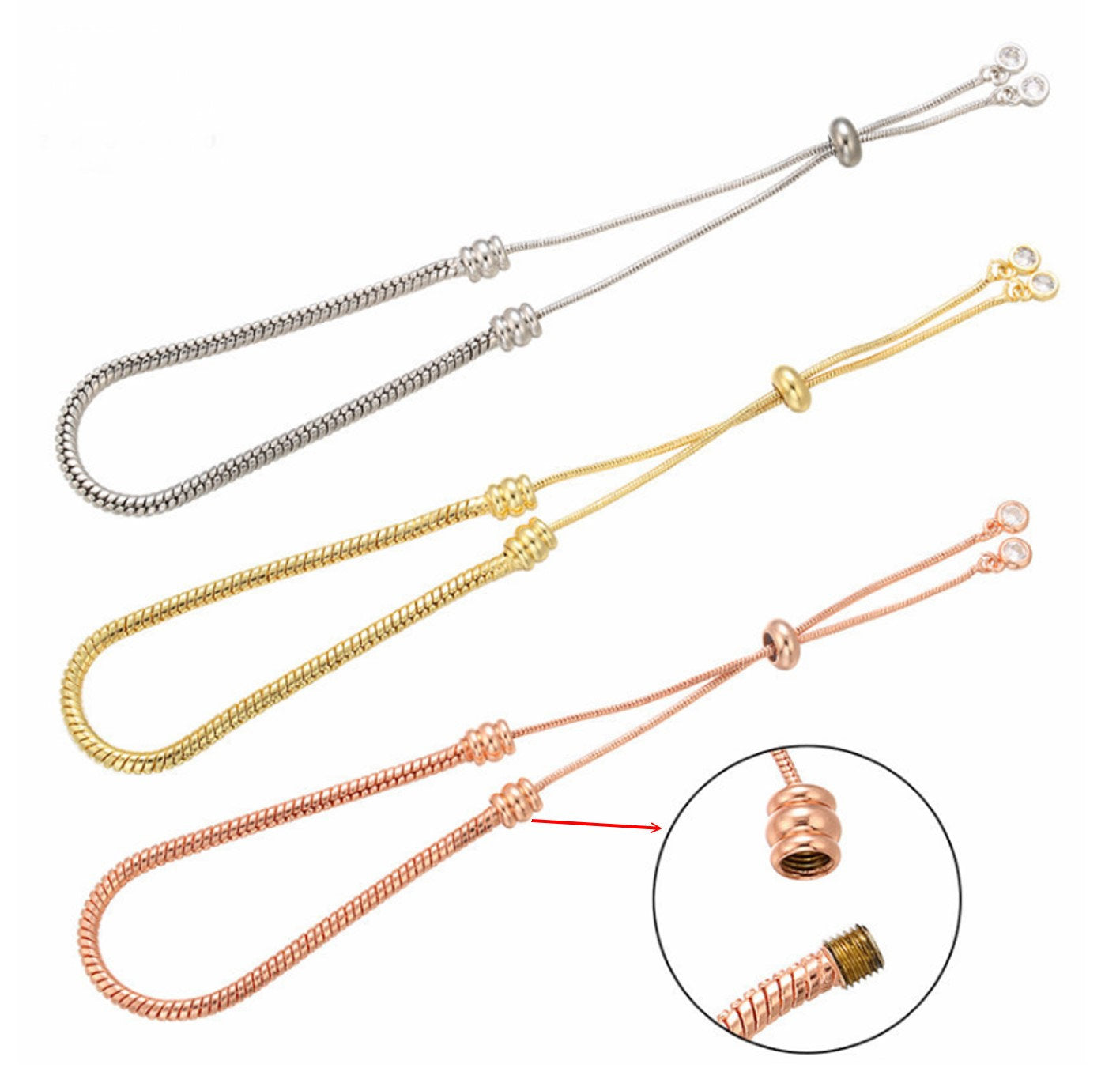 Snake Chain Bolo Bracelet Adjustable Brass High Quality Plated Slider Clasp Screw Closure for European Beads