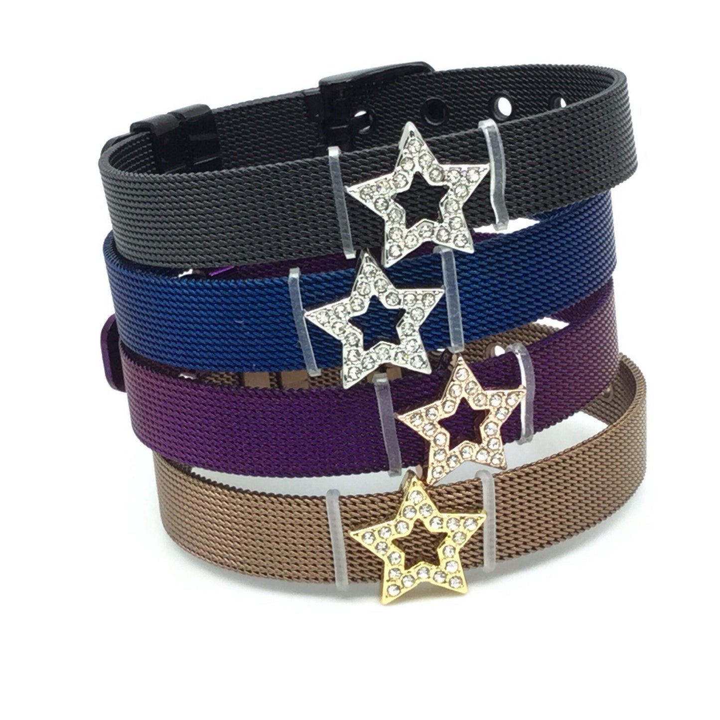 Stainless Steel Mesh Adjustable Wristband Bracelet 10mm with Rhinestone Star Ring Slide Charms - You Pick