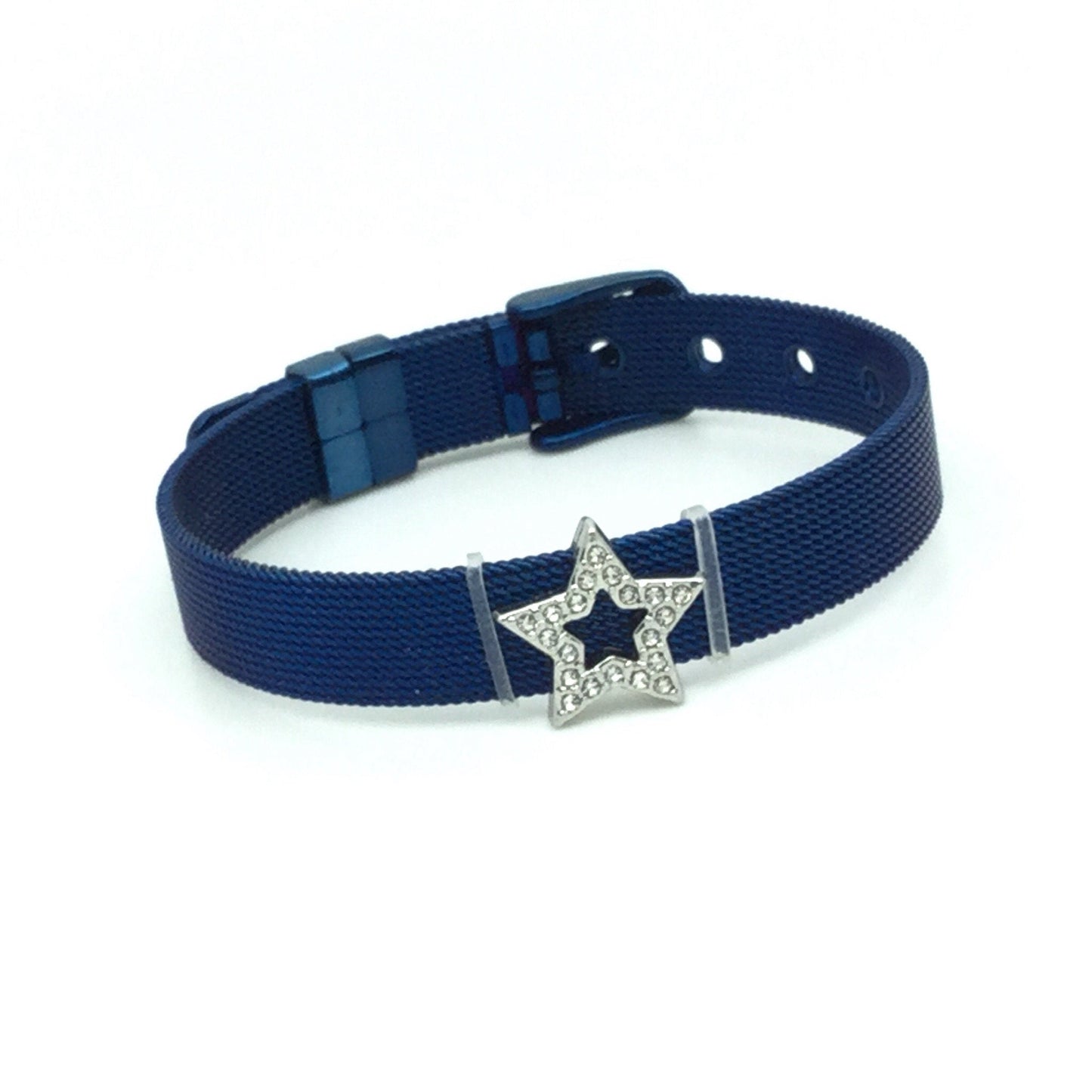Stainless Steel Mesh Adjustable Wristband Bracelet 10mm with Rhinestone Star Ring Slide Charms - You Pick