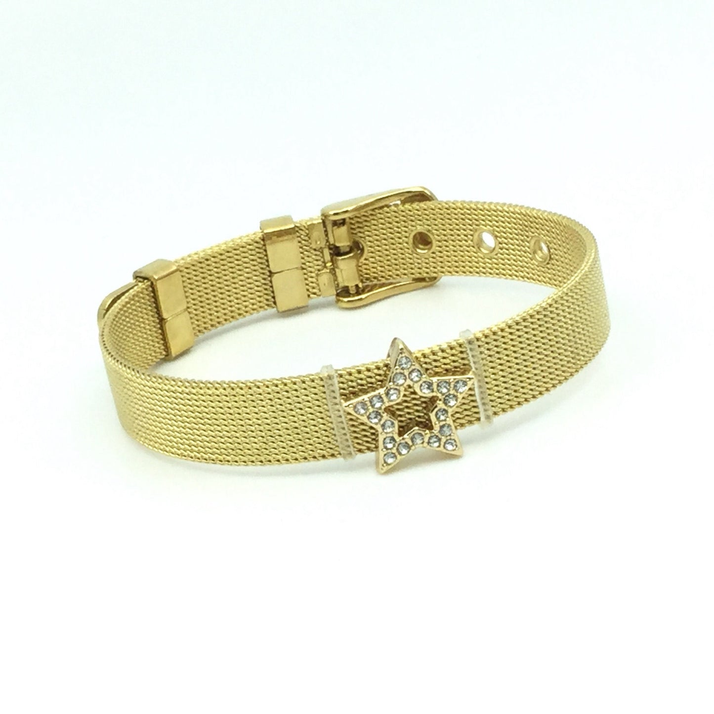 Stainless Steel Mesh Adjustable Wristband Bracelet 10mm with Rhinestone Star Ring Slide Charms - You Pick