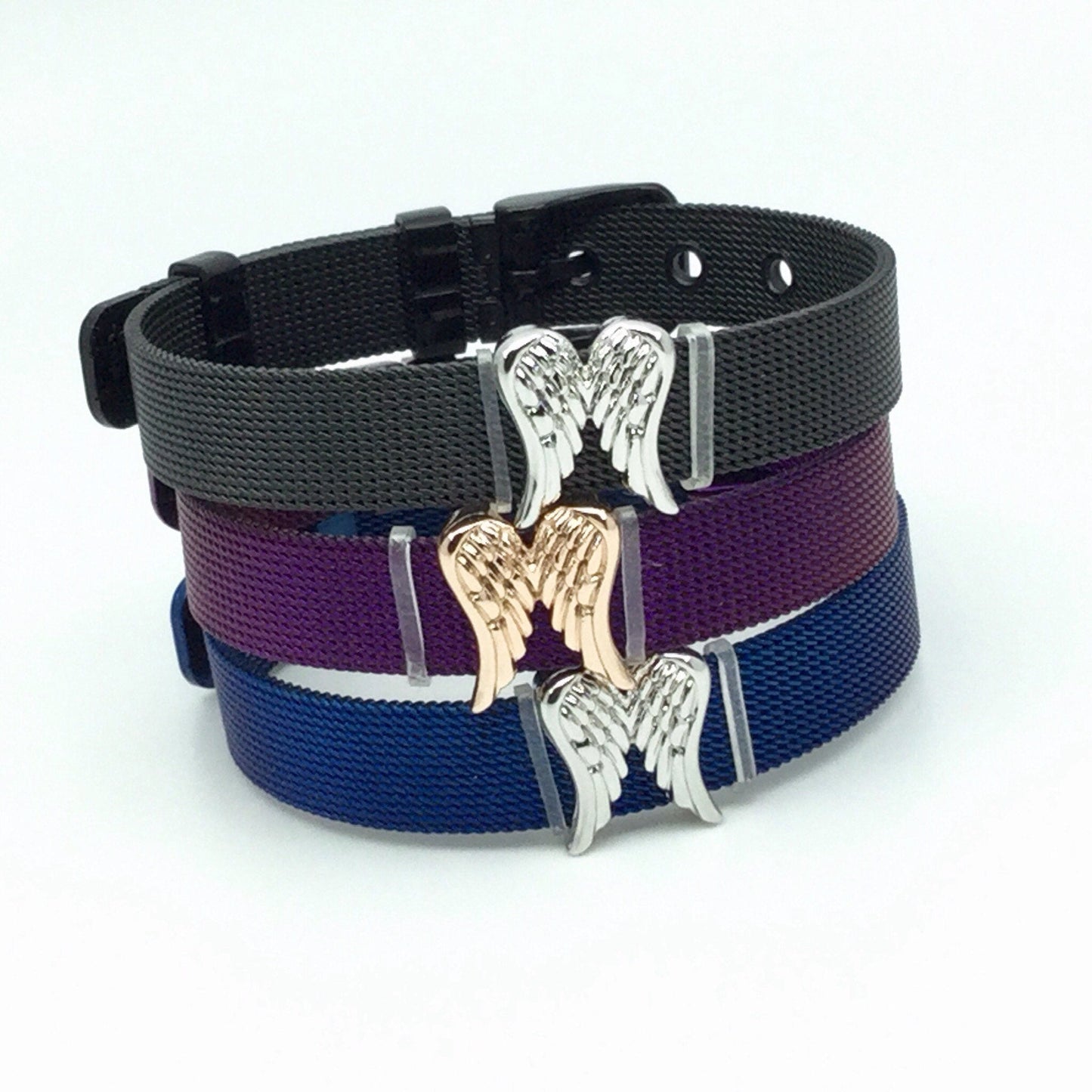 Stainless Steel Mesh Adjustable Wristband Bracelet 10mm with Angel Wing Slide Charms - You Pick