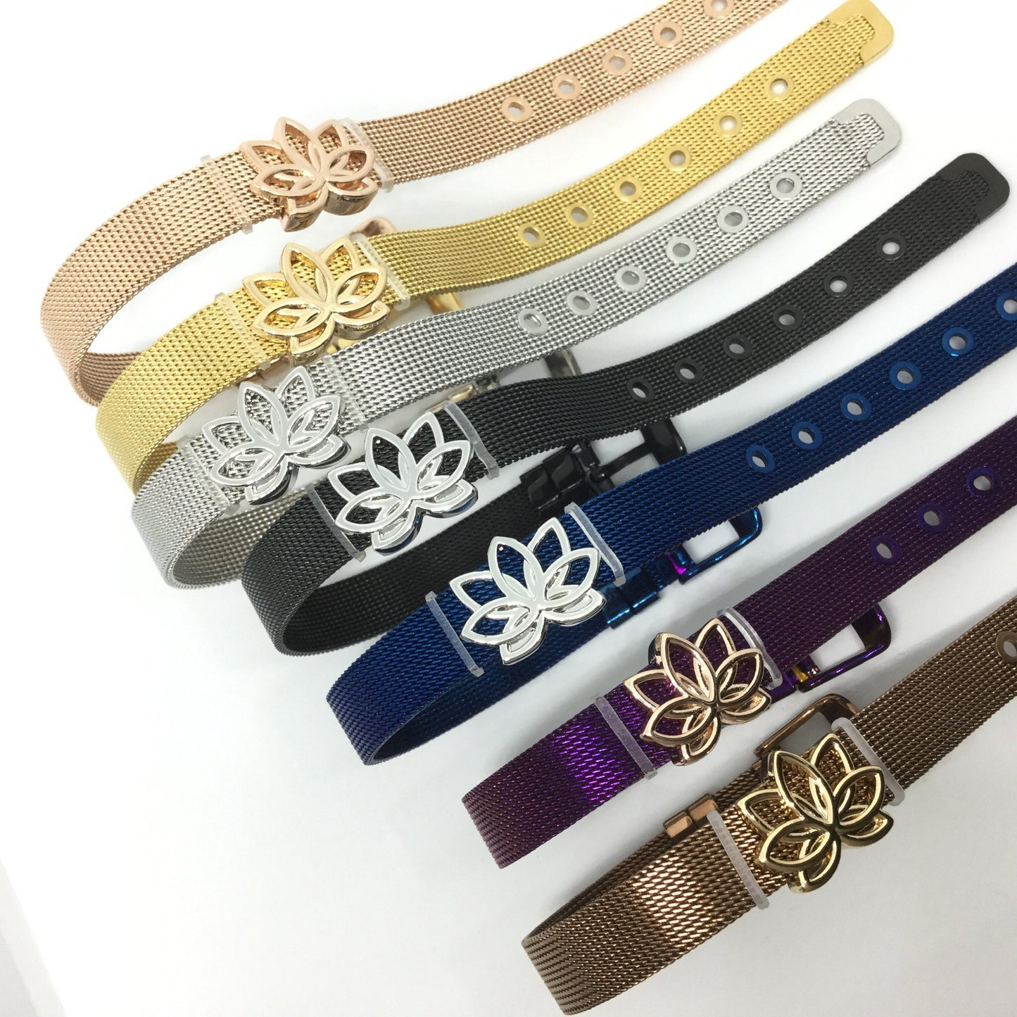 Stainless Steel Mesh Adjustable Wristband Bracelet 10mm with Filigree Lotus Slide Charms - You Pick