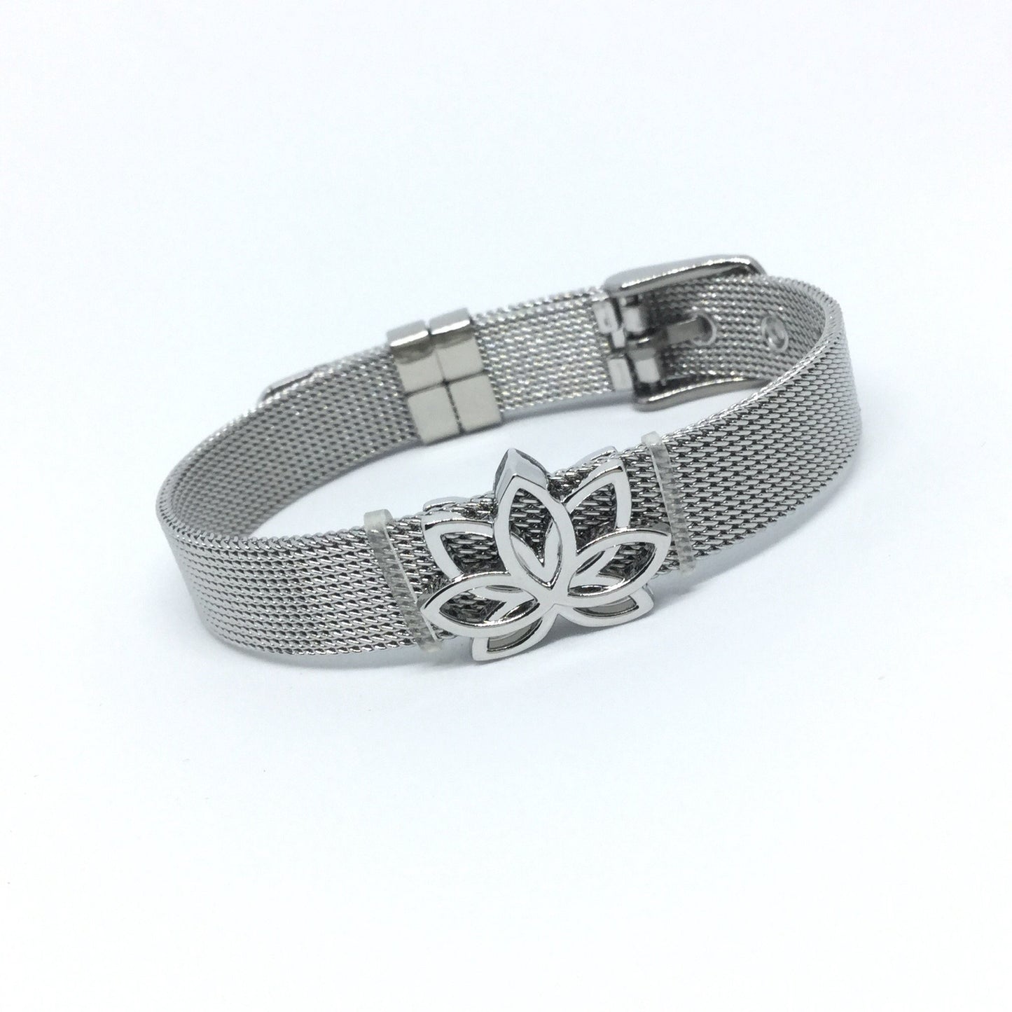 Stainless Steel Mesh Adjustable Wristband Bracelet 10mm with Filigree Lotus Slide Charms - You Pick
