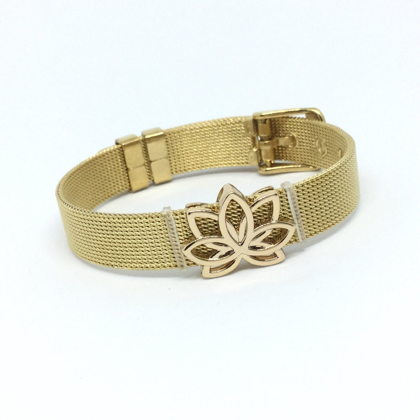 Stainless Steel Mesh Adjustable Wristband Bracelet 10mm with Filigree Lotus Slide Charms - You Pick