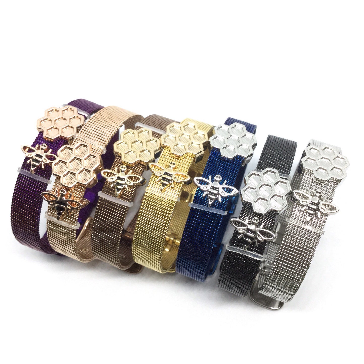 Stainless Steel Mesh Adjustable Wristband Bracelet 10mm with Bee Hive Slide Charms - You Pick