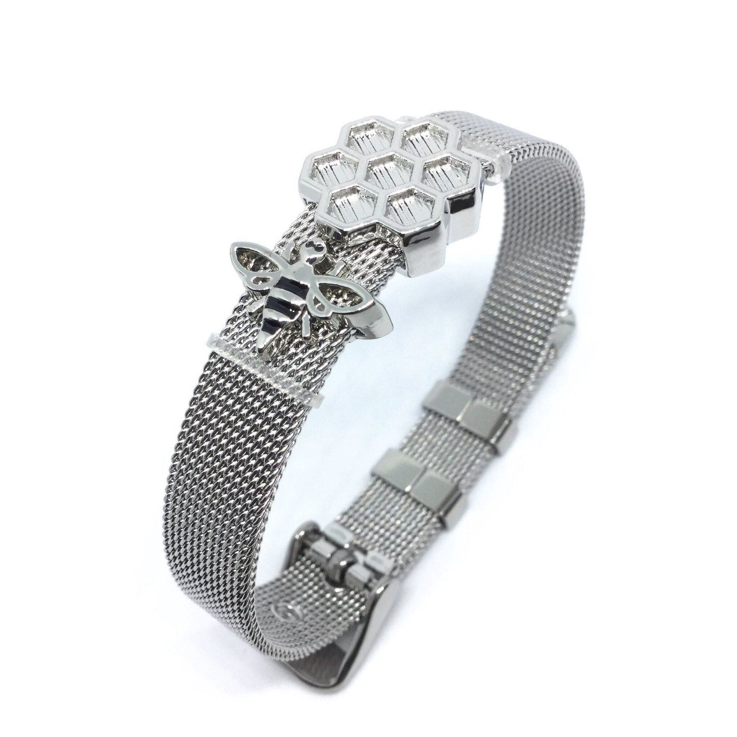 Stainless Steel Mesh Adjustable Wristband Bracelet 10mm with Bee Hive Slide Charms - You Pick