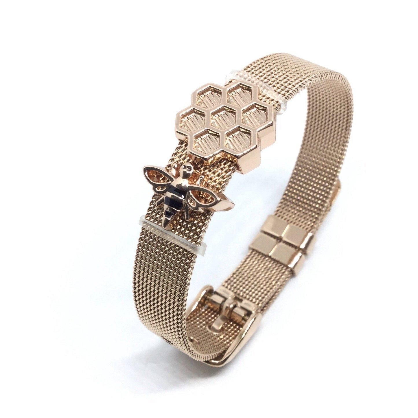 Stainless Steel Mesh Adjustable Wristband Bracelet 10mm with Bee Hive Slide Charms - You Pick
