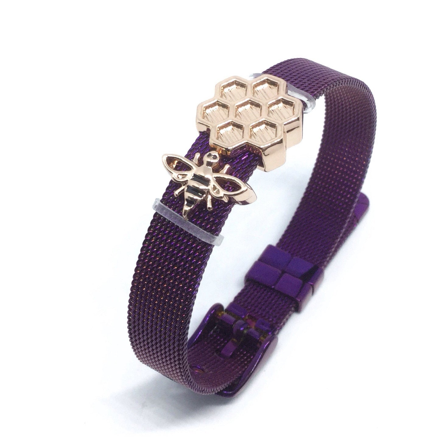 Stainless Steel Mesh Adjustable Wristband Bracelet 10mm with Bee Hive Slide Charms - You Pick