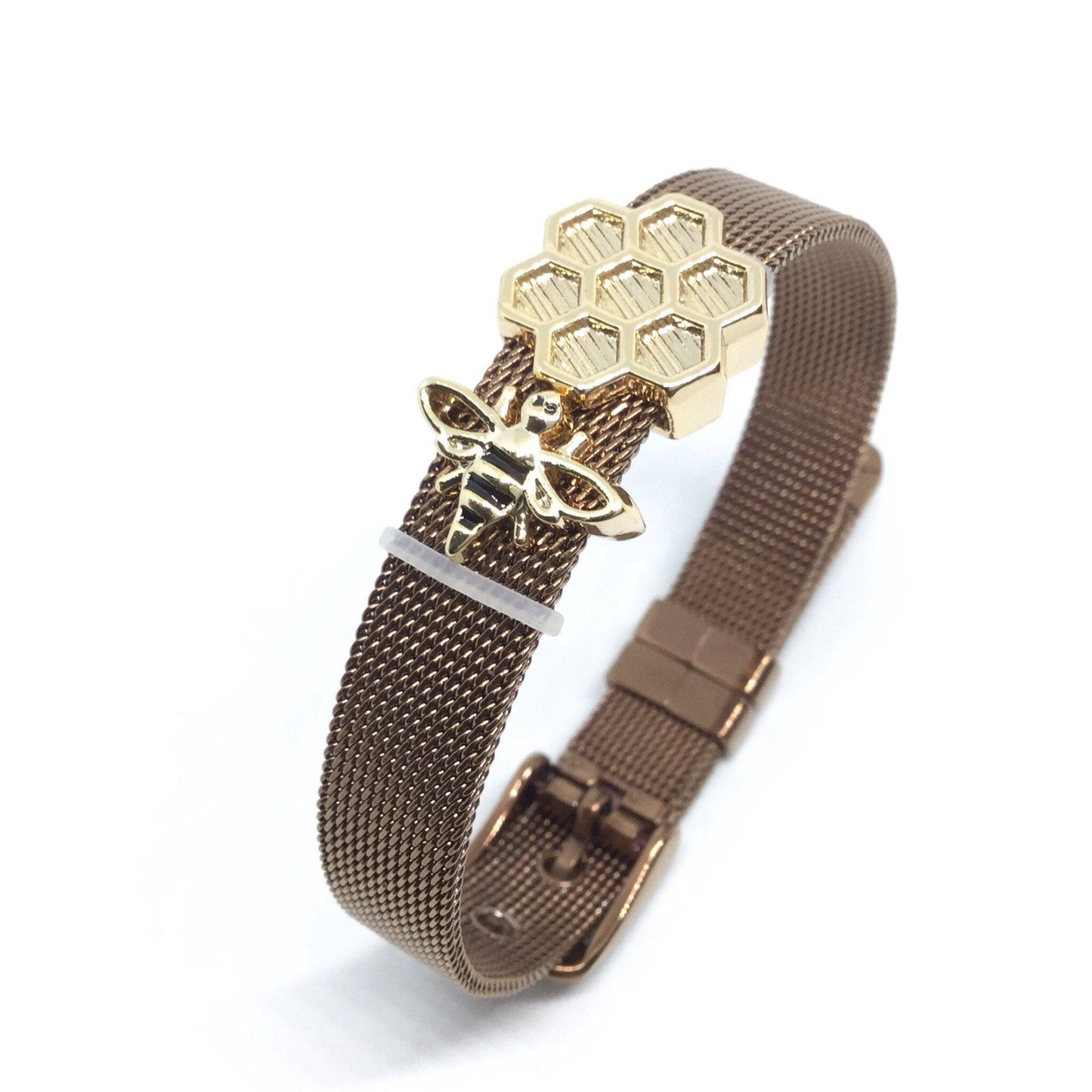 Stainless Steel Mesh Adjustable Wristband Bracelet 10mm with Bee Hive Slide Charms - You Pick