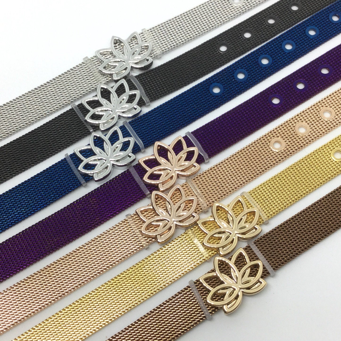 Stainless Steel Mesh Adjustable Wristband Bracelet 10mm with Filigree Lotus Slide Charms - You Pick