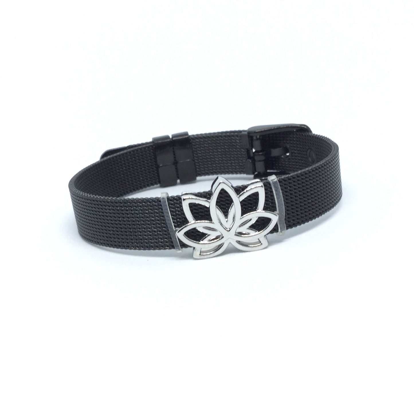 Stainless Steel Mesh Adjustable Wristband Bracelet 10mm with Filigree Lotus Slide Charms - You Pick