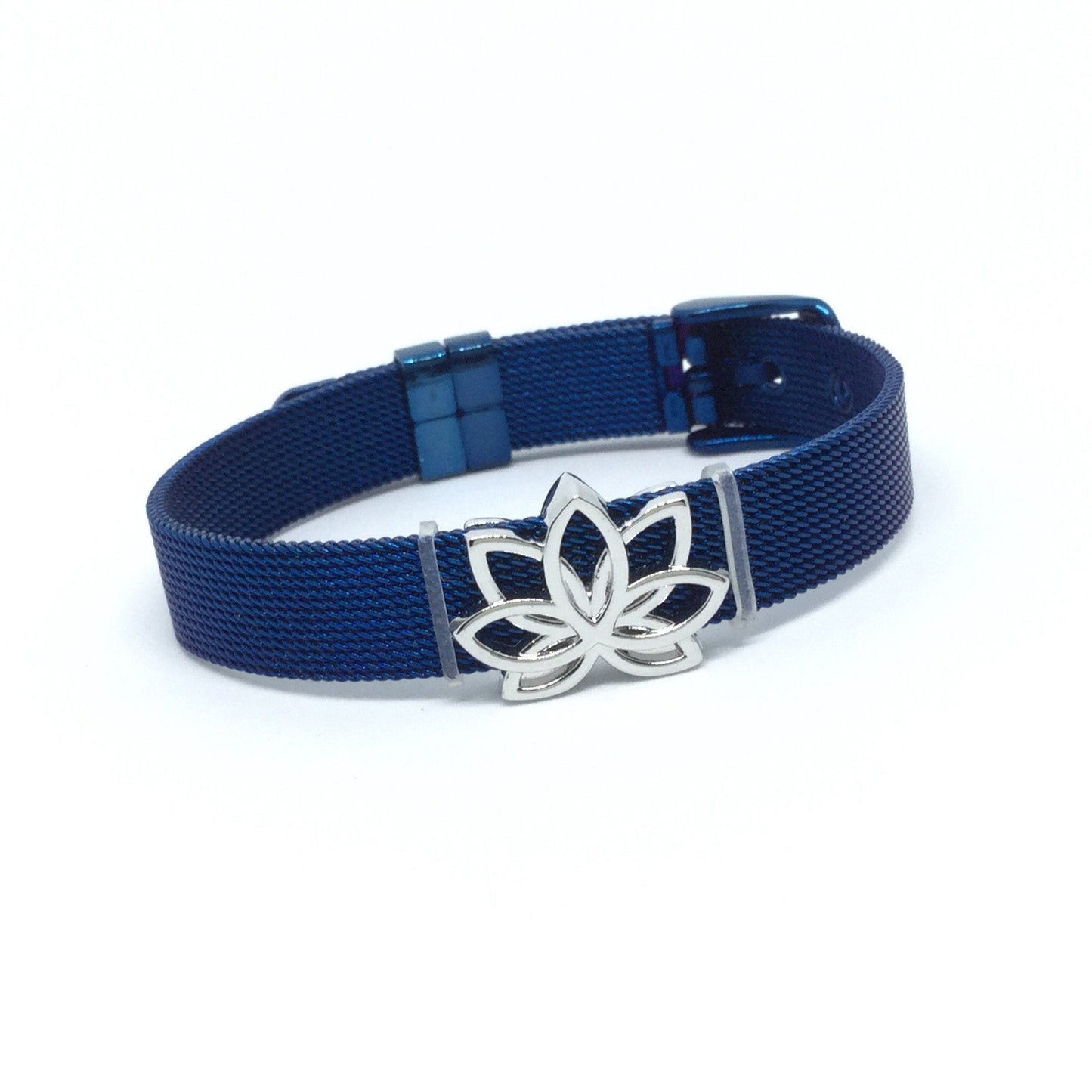 Stainless Steel Mesh Adjustable Wristband Bracelet 10mm with Filigree Lotus Slide Charms - You Pick