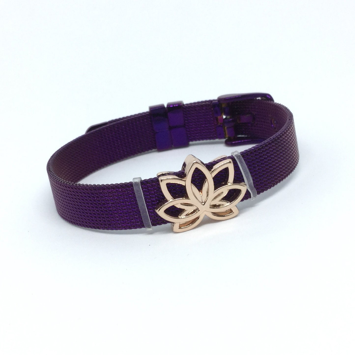 Stainless Steel Mesh Adjustable Wristband Bracelet 10mm with Filigree Lotus Slide Charms - You Pick