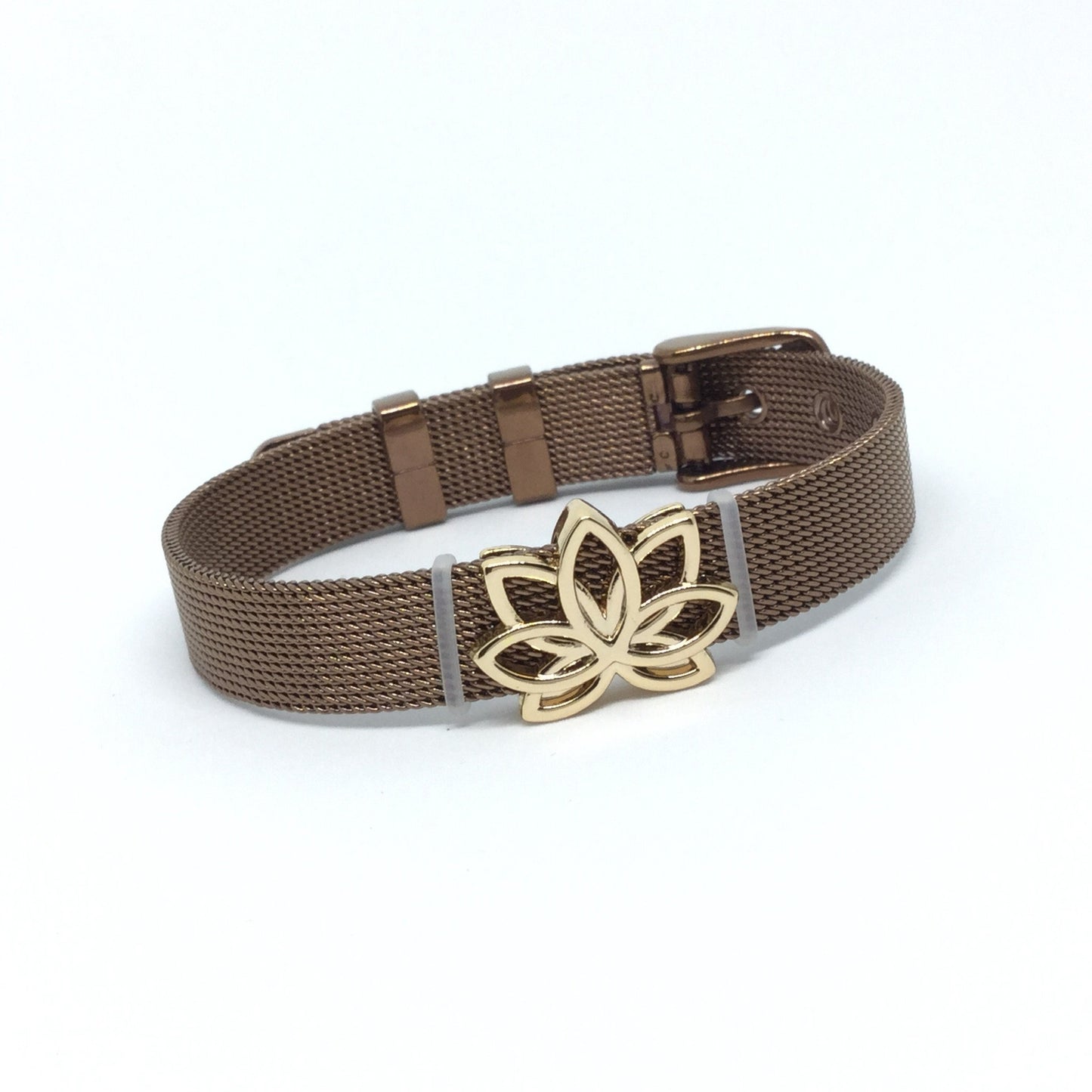 Stainless Steel Mesh Adjustable Wristband Bracelet 10mm with Filigree Lotus Slide Charms - You Pick