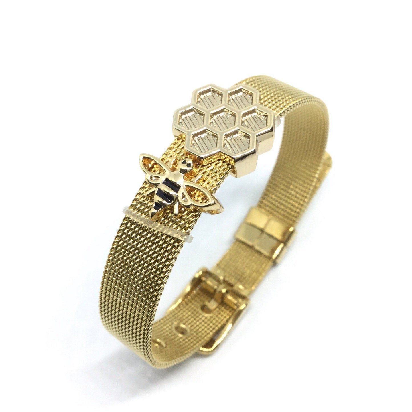 Stainless Steel Mesh Adjustable Wristband Bracelet 10mm with Bee Hive Slide Charms - You Pick