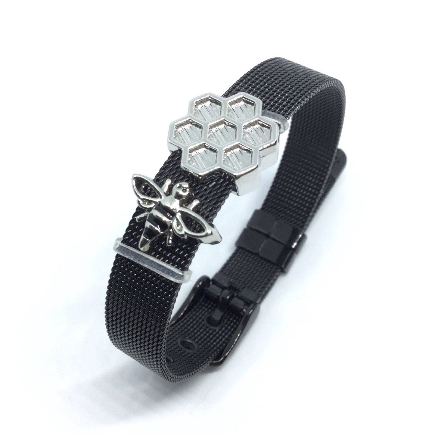 Stainless Steel Mesh Adjustable Wristband Bracelet 10mm with Bee Hive Slide Charms - You Pick