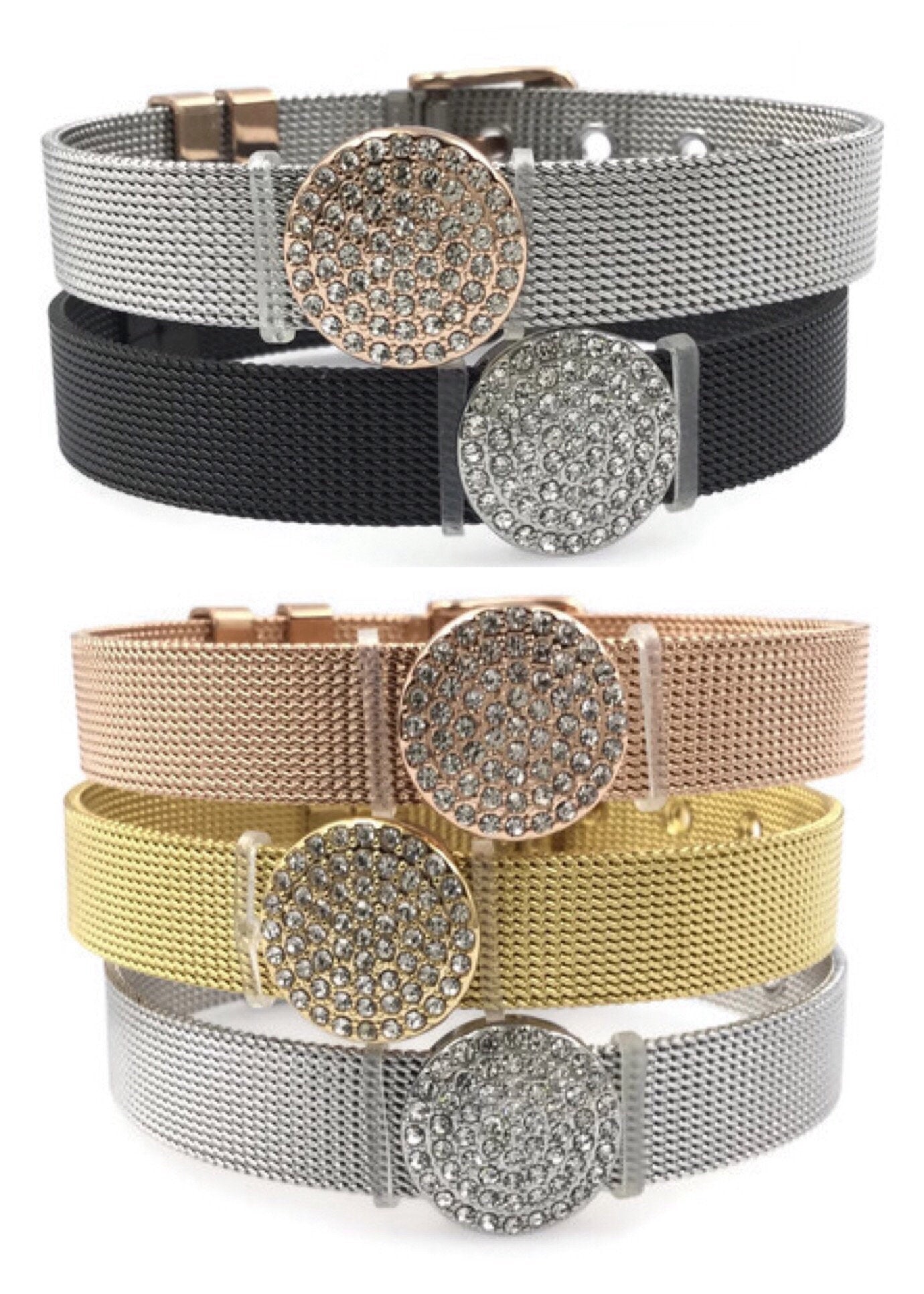 Stainless Steel Mesh Adjustable Wristband Bracelet 10mm with Rhinestones Disc Slide Charm - You Pick