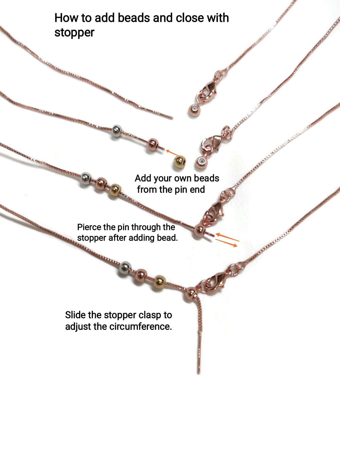 3 Stopper Beads Design Pin Stopper Adjustable Box Chain Bracelet Slider Clasp Brass High Quality Plated